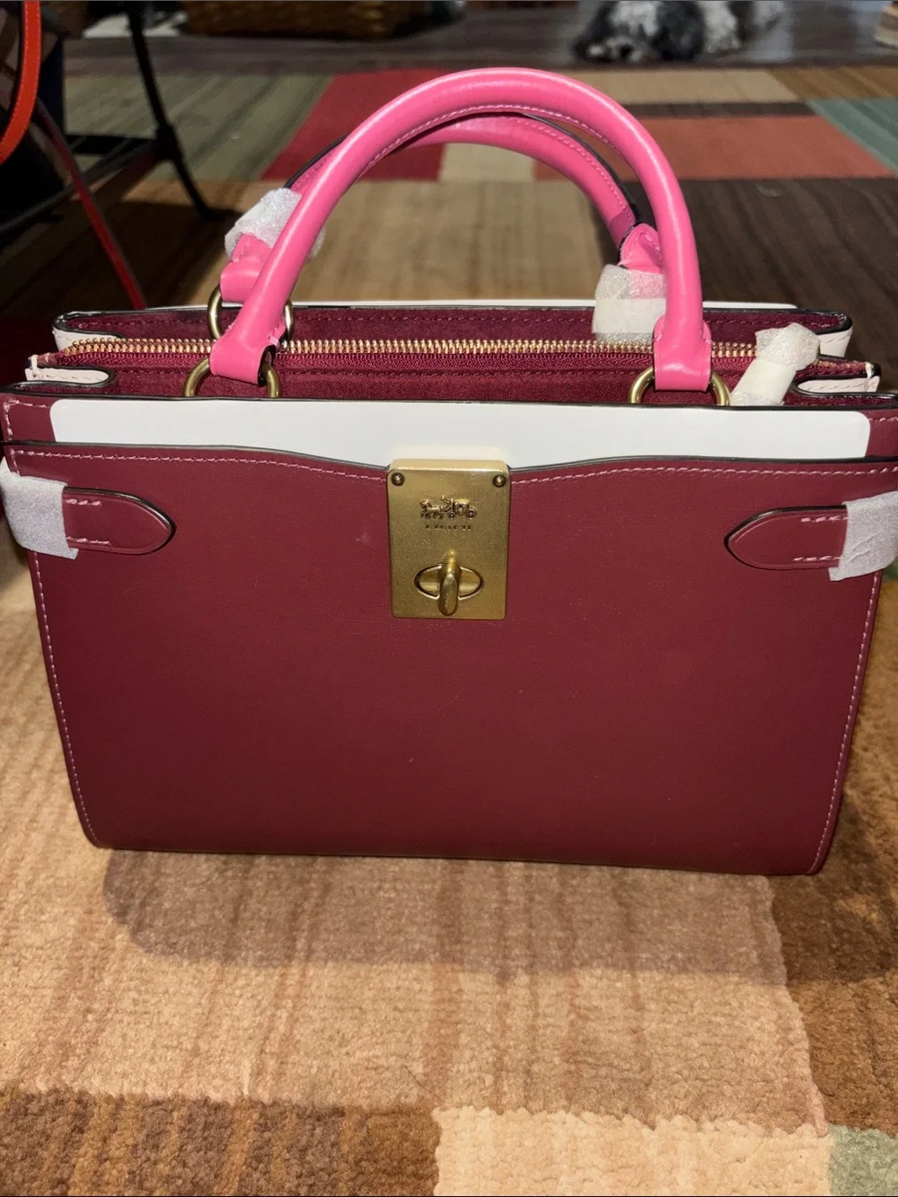 Coach Burgundy Satchel with Pink Top Handles
